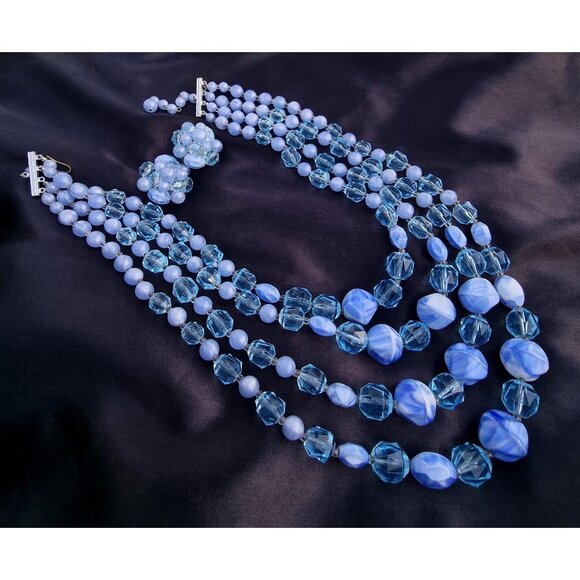 Vintage 1960s WEST GERMANY Signed Blue Plastic Glass Bead Jewelry Set - Picture 1 of 4